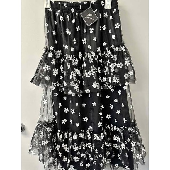 Vompak Black Floral Tiered Midi Skirt Romantic Mesh Skirt Women's - Picture 1 of 4